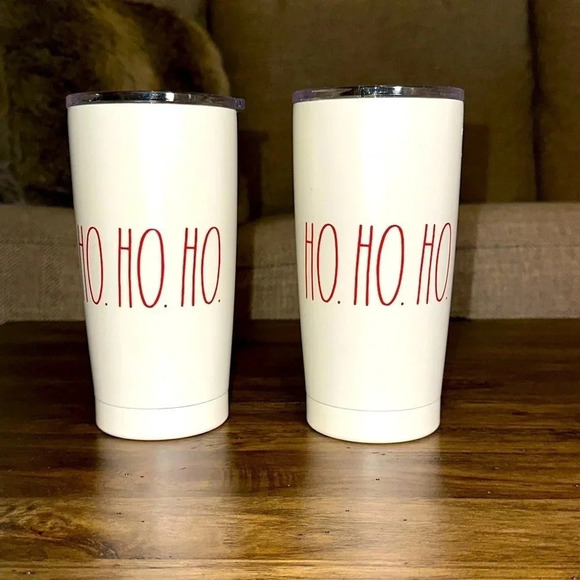 RAE DUNN Christmas Holiday Stainless Steel Drinking Tumblers with lids HO HO HO - Picture 1 of 6